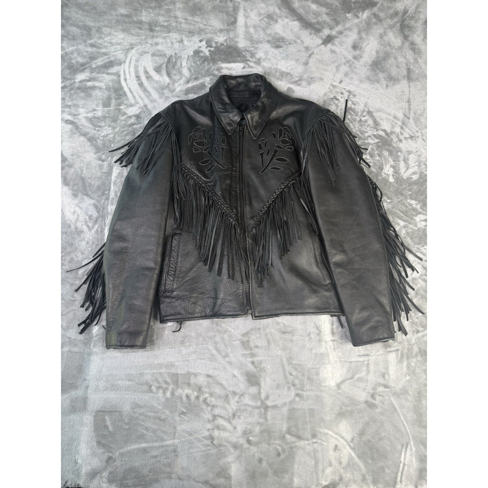 American Iron Horse Thinsulate Black Leather Rose Aplique Fringe Biker Jacket